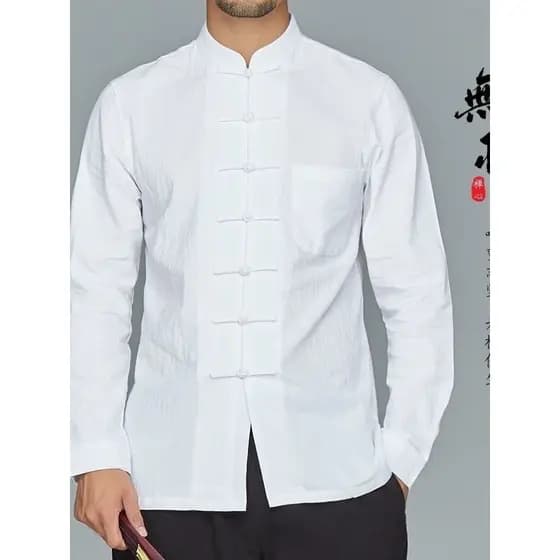 Tang terno masculino linho camisa de manga comprida estilo chinês Retro estilo chinês gola alta topo de meia-idade estil