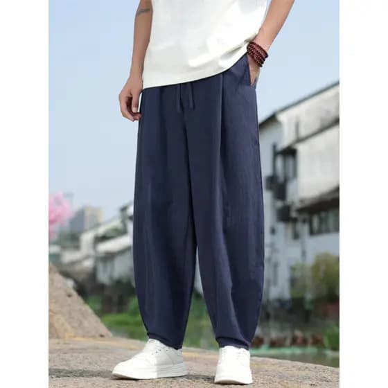 Estilo chinês verão novo estilo chinês juventude calças de perna larga algodão linho solto tamanho grande prática Bloome