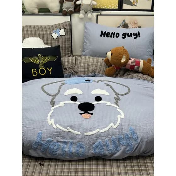 Toalha fofa de desenho animado, cama de algodão lavado bordada, conjunto de quatro peças, lençol, capa de edredom, dormi