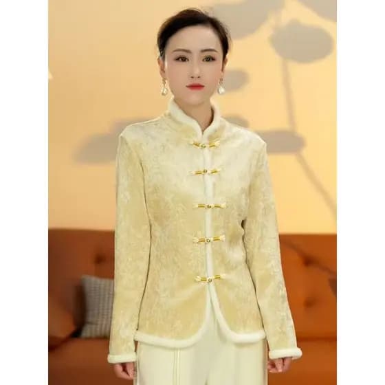 Senhoras forro de inverno engrossado casaco de algodão novo estilo chinês gola alta fivela engrossado casaco de algodão