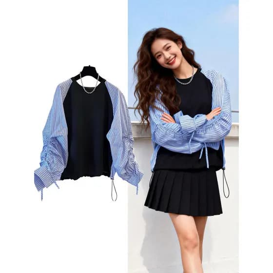 Estilo coreano Design cor combinando manga comprida bainha cordão mais magro olhar camisa topo feminino primavera outono
