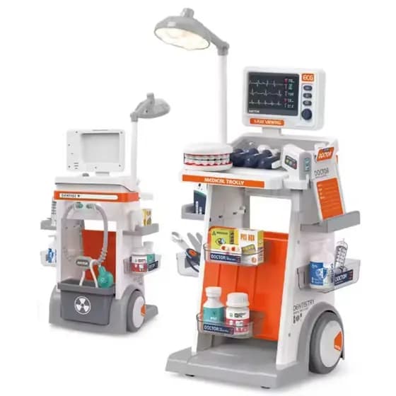 Carrinho Médico Infantil Brinquedo Som Luz Dentista Utensílios Ferramentas Médicas Faz Conta Kids Rodinhas Educativo