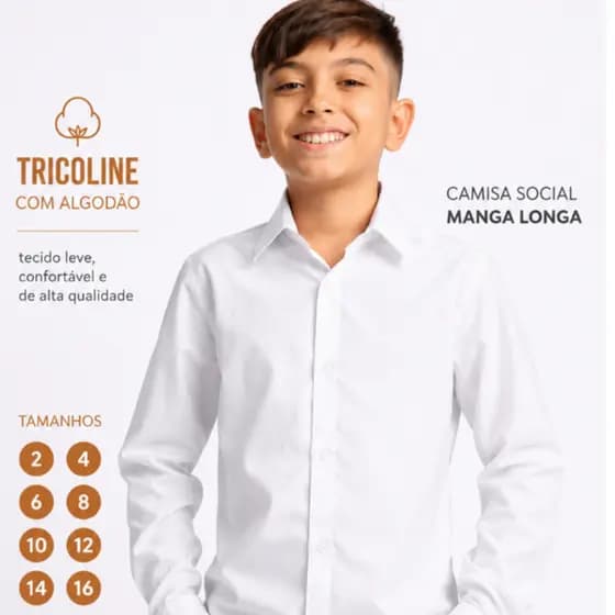 Camisa Infantil Social Manga longa no Algodão Branca e Cores.