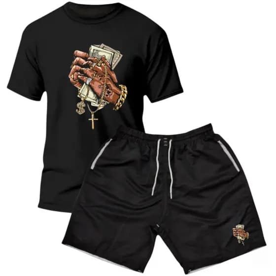 Kit Camiseta Masculina + Bermuda Masculina Estampada Tactel Moda Praia MONEY MAO