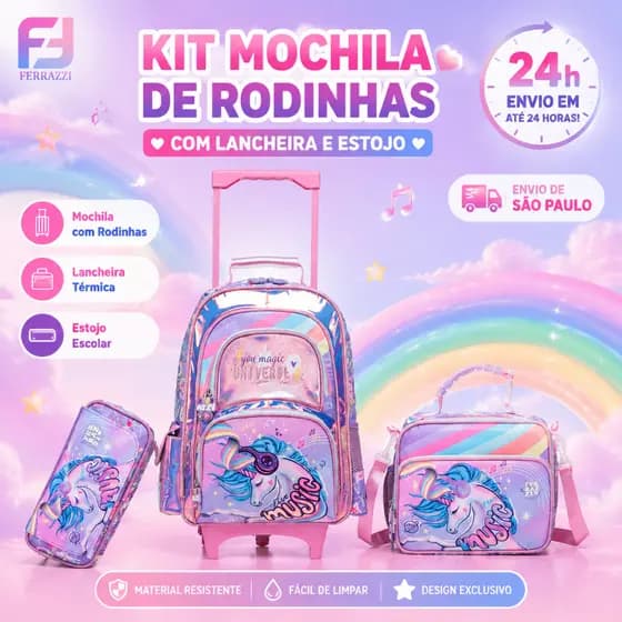 Ferrazzi Kit Mochila Escolar Infantil de Rodinhas Com Lancheira Térmica + Estojo Unicornio Menina