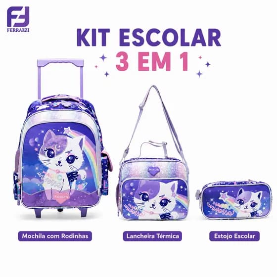 Ferrazzi Mochila Escolar Infantil com Rodinhas Lancheira Térmica Estojo Roxo Gatinha para Crianças