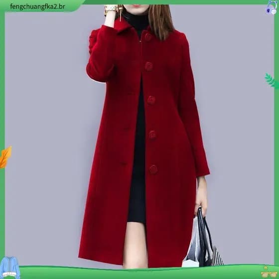 Com Forrado Moda Sobretudo De Cor Lisa Para frio De lã Lapela Elegante 2024 Casual Para Outono/Inverno Plus size Femi