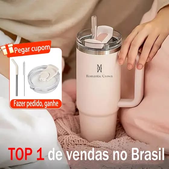 ROMANTIC CROWN Copo Térmico Inox Portátil 600ml/1.2l com Tampa e Canudo Garrafa Térmica Inoxidável