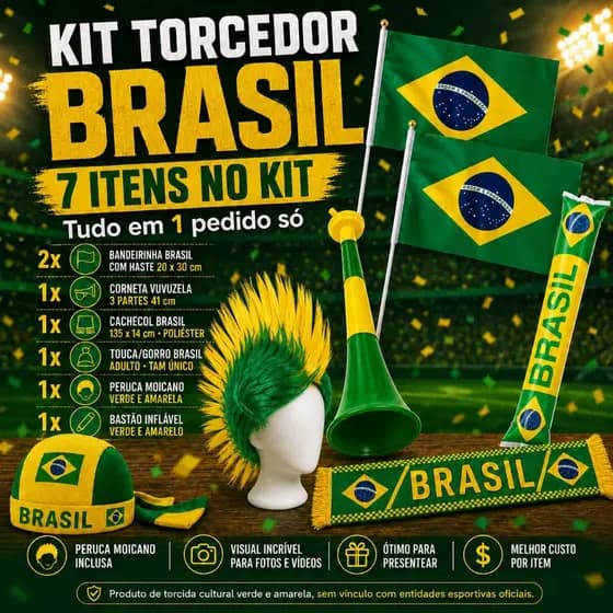 Kit Torcedor Brasil com 4 Versões (4/5/7/12 Itens), Bandeirinhas, Corneta, Cachecol e Peruca, Acessórios de Torcida