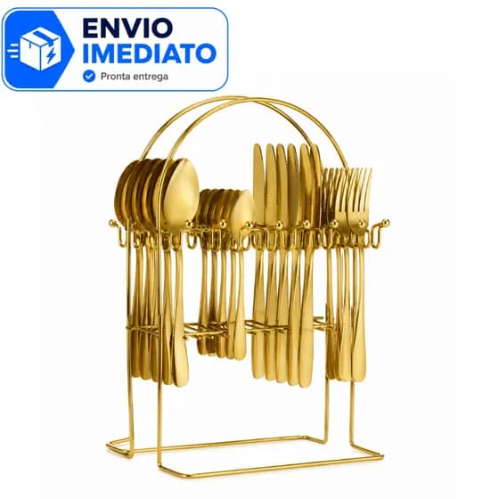 Faqueiro Dourado Mesa Posta 24 Peças Aço Inox 2W Com Suporte Organizador Para 6 Pessoas