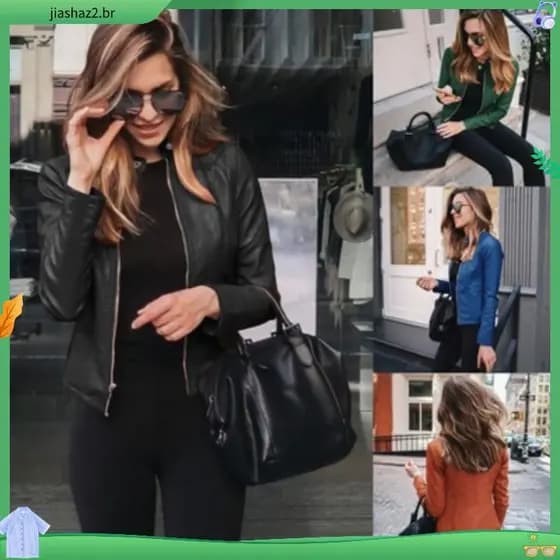 Casaco De Couro De Outono E Inverno Com Zíper Da Moda Feminino