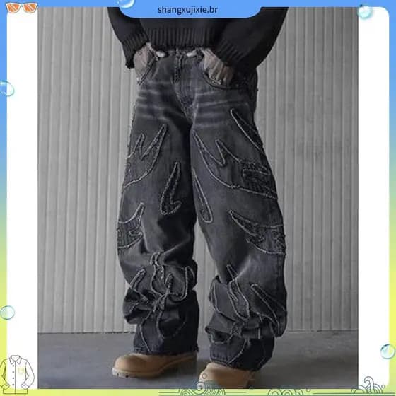 Calça Jeans Masculina Y2k Solta Bordada Primavera Verão Americana Casual Com Botão E Bolso
