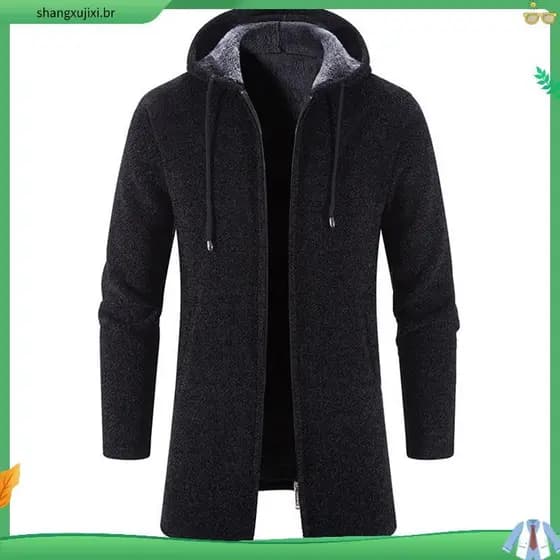 Casaco Masculino Longo com Capuz | Sobretudo de Inverno Grosso e Quente | Moletom de Frio com Zíper | Blusão Casual de M