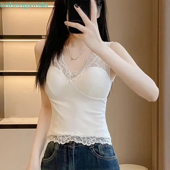ANHENGXIN Tops Curtos De Renda , Camisola De Malha Transparente Fina Em v Profundo , Colete Suspensor De Camiseta Com Al