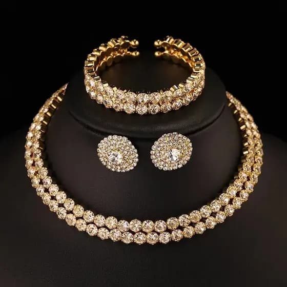 Moda ouro cheio de diamante dupla drenagem colar de diamante conjunto de três peças colar de casamento nupcial brincos p