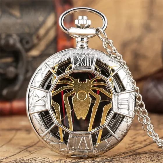 Corrente De Relógios De Bolso De Quartzo Masculino Com Padrão De Aranha Vazado De Prata Vintage