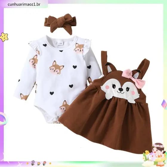Jumpsuit baby Girl Outono E Inverno Bebê Criança Desenho Animado Fox Love Print Long Sleeved Sweetheart Conjunto De Ves