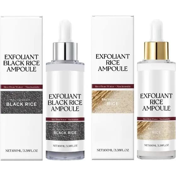 2 Peças Esfoliante de Arroz Preto e Branco, Solução Esfoliante e Peeling com Ampola de Arroz, Hidratante e Redutor de Po