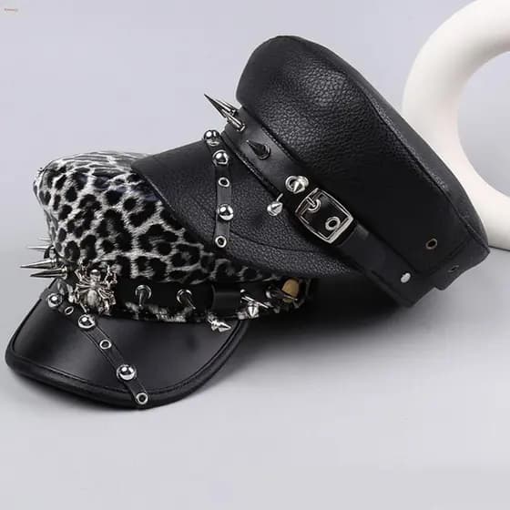 Chapéu MXBEAUTY com Estampa de Leopardo e Rebites, Boina Gótica Y2k Harajuku, Chapéu Punk de Couro PU Preto com Topo Pla