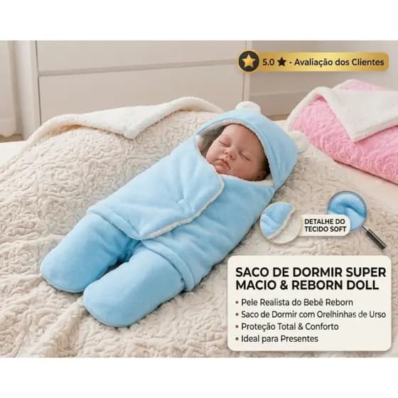 Saco de Dormir Soft Bebe Inverno Ursinho Forrado Sherpa Pele de Carneiro com Velcro e Orelhas