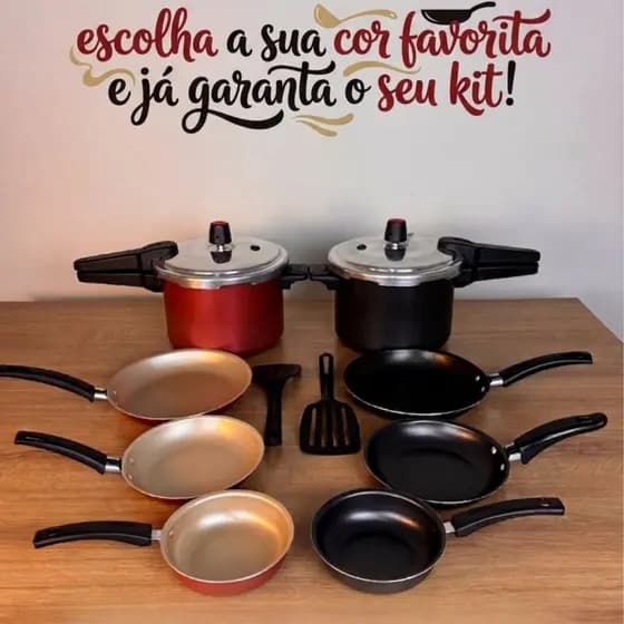 Kit de Frigideiras Antiaderente + Panela de Pressão Antiaderente 4,5L Fechamento Externo