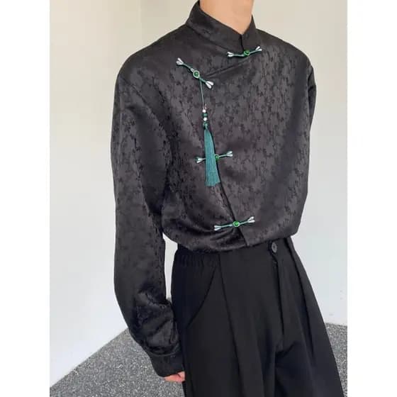Primavera outono novo estilo chinês cetim Jacquard placa botão gola camisa masculina de manga comprida Retro nicho borla