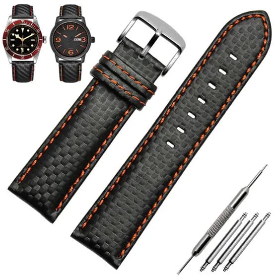 Pulseira De Couro Genuíno Grão De Fibra De Carbono 18mm 20mm Vermelho Laranja Costura Relógio 21mm 22mm 23mm 24mm