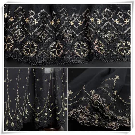 Alta qualidade clássico preto ouro bordado malha renda DIY Material de roupas artesanais saia superior vestido de casame