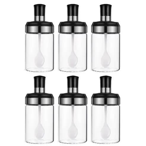 Conjunto De Pote De Especiarias De Vidro Genérico 6P Recipiente Hermético De Tempero Com Colher Para Armazenamento De Co