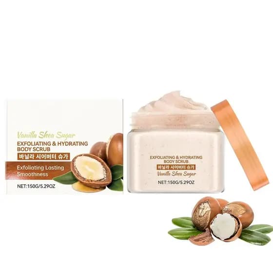 Esfoliante corporal de baunilha, esfoliante corporal de açúcar com manteiga de karité e baunilha, esfoliante corporal es