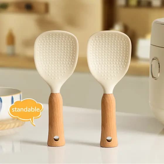 Colher de Arroz de Silicone Antiaderente com Espátula para Grãos e Cabo de Madeira Armazenamento Doméstico