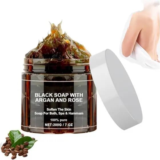 Sabonete Baddi Preto Marroquino, Contém Óleo de Argan e Óleo Essencial de Rosa - Sabonete Esfoliante Corporal Africano,