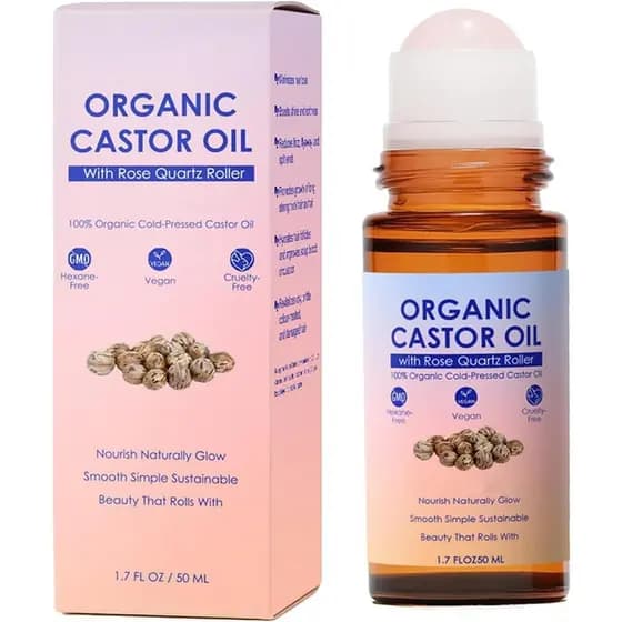 Óleo de Rícino Orgânico em Roll-On com Esfera de Quartzo Rosa, 100% Puro, Prensado a Frio, Esfera de Óleo de Rícino Orgâ