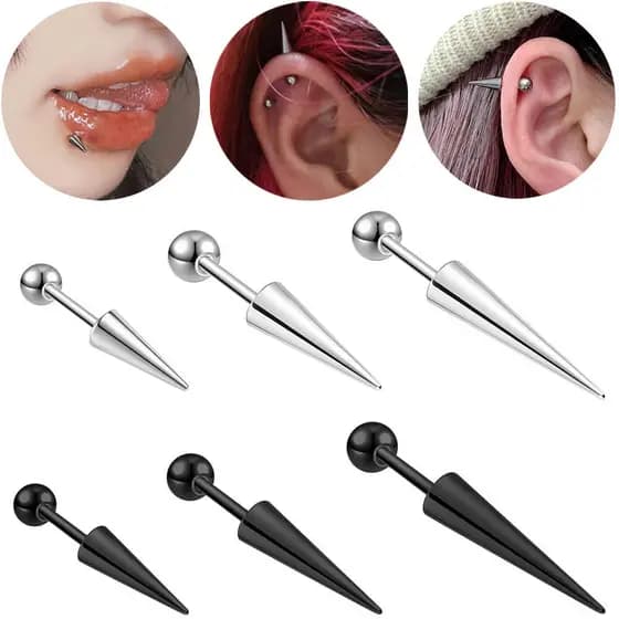 1 peça de piercing labial em aço inoxidável 18G, formato de cone longo e pontiagudo, 12mm/15mm/17mm, piercing espiral pa