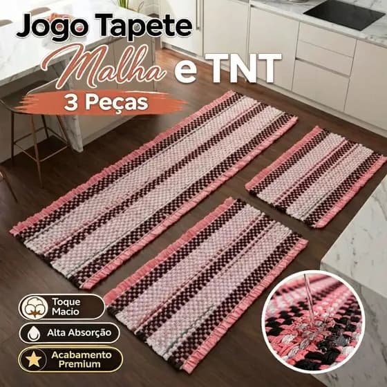 Jogo Tapete e Passadeira Tear Artesanal Cozinha 3 Peças