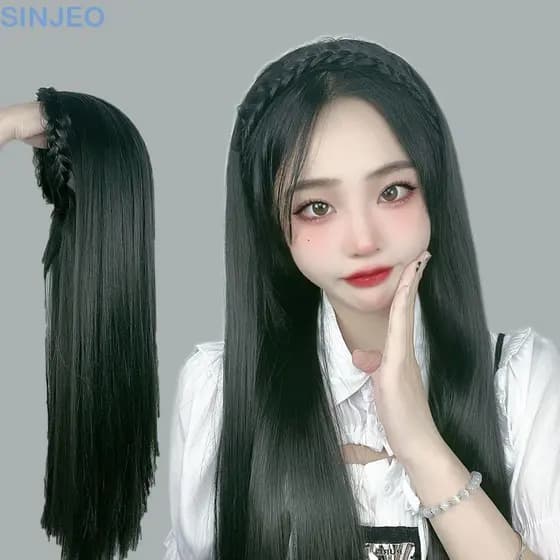 SINJEO Trançado Bandana Perucas Acessórios De Cabelo Clipe Em Senhoras Menina Feminino Na Moda Longa Reta Peruca