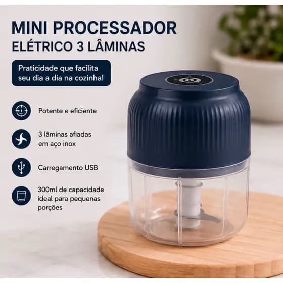 Mini Processador Elétrico USB 300ml Recarregável 3 Lâminas Inox Triturador de Alimentos