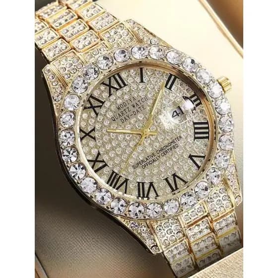 Relógio de Pulso Masculino de Luxo com Mostrador Redondo Decorado com Strass, com Caixa, Relógio Elegante e Moderno, Rel