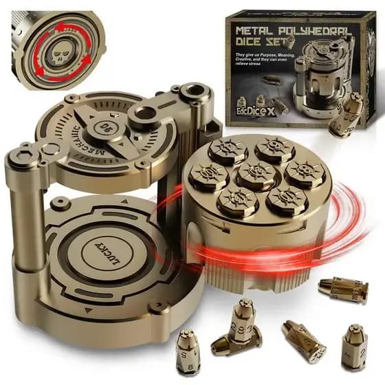 Conjunto de 7 Dados Poliédricos de Metal em Liga Dourada e Prateada com Caixa Cilíndrica Giratória, Dados de Metal para