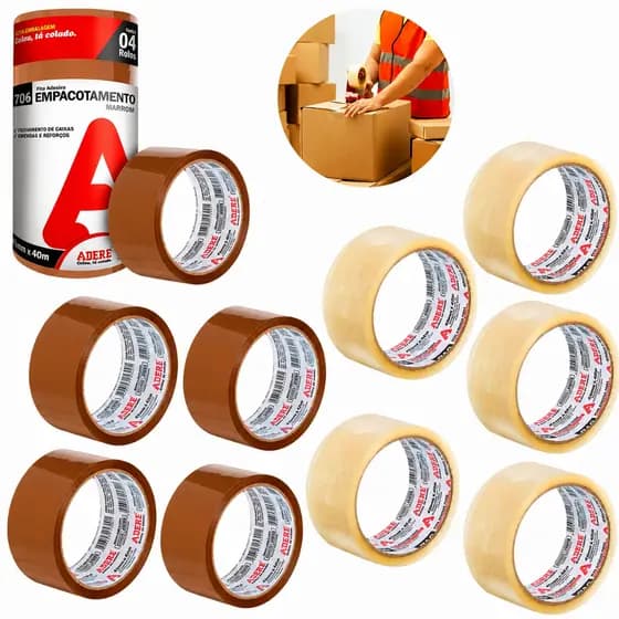 Kit 3/5/8/10 Fitas Adesiva Fita Empacotamento Fita para Caixa Ecommerce Marrom Transparente