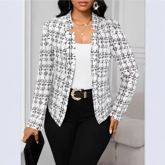 Cardigã feminino de outono e inverno, corte justo, blazer xadrez elegante.