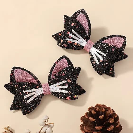 2 Peças De Grampos De Cabelo Com Laço Brilhante Para Meninas – Presilhas De Tecido Orelha De Gato Preta E Rosa , Perfeit