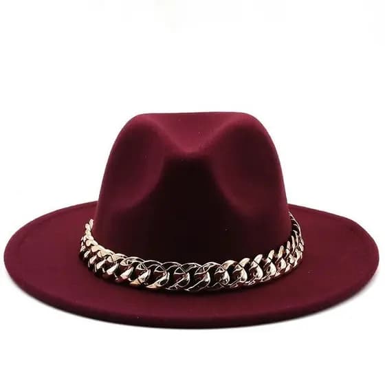 Chapéu de Luxo Masculino e Feminino, Estilo Panamá Cowboy Jazz, em Feltro Preto e Bege, com Aba Larga e Corrente Dourada