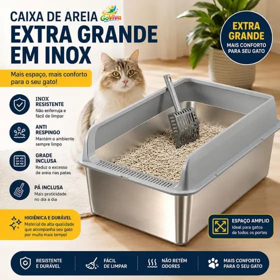 Caixa de Areia Extra Grande para Gato em Inox com Pá e Grade Anti Respingo