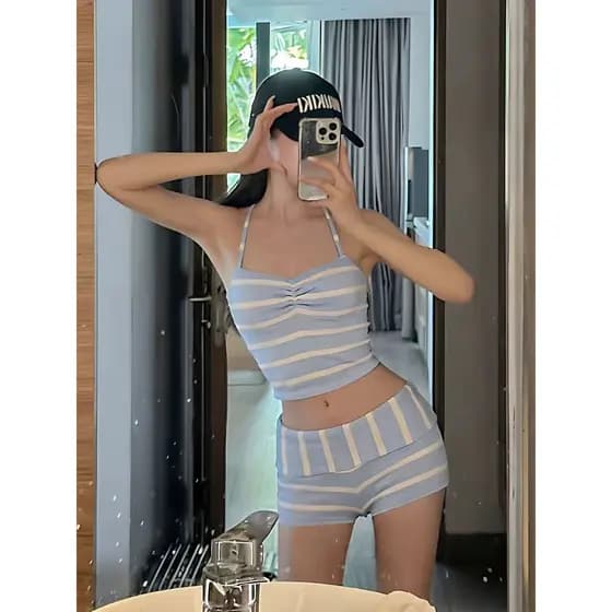 Verão novo estilo fresco listrado Split colete Suspender maiô protetor solar blusa de manga comprida de três peças