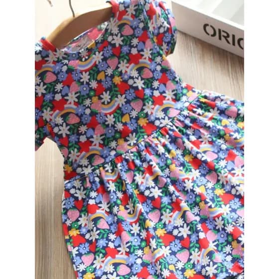 Meninas vestido de manga curta puro algodão colorido pequenas flores bonito vestido de princesa Casual bebê vestido de v