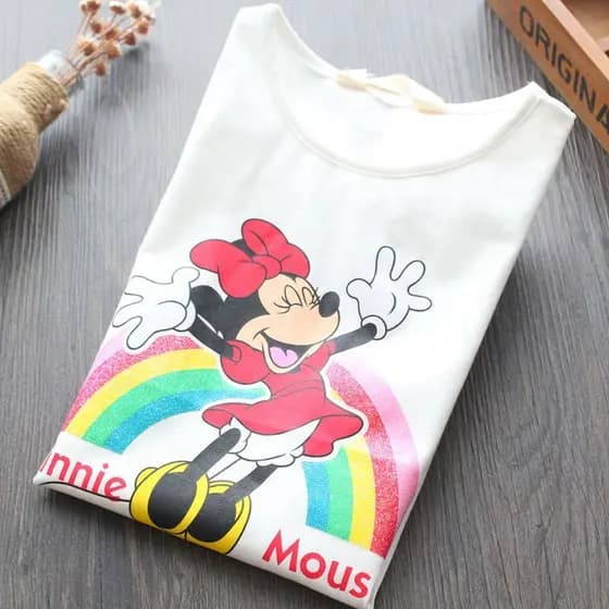 Casual meninas camiseta de manga curta verão novo estilo dos desenhos animados arco-íris impresso bebê em torno do pesco