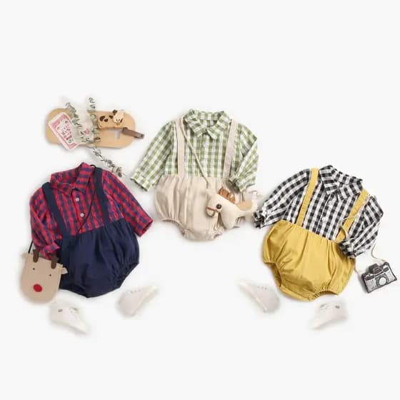 Roupas de bebê xadrez bebê menino bebê crianças macacão versão coreana roupas de bebê primavera outono macacão