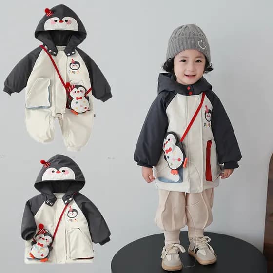 Roupas de bebê roupas de inverno bebê menino jaqueta pinguim macacão com capuz engrossado à prova de vento roupas manter
