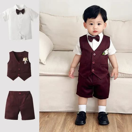 Meninos terno de verão Shorts de manga curta colete de três peças roupas infantis bebê de um ano de idade vestido de ban